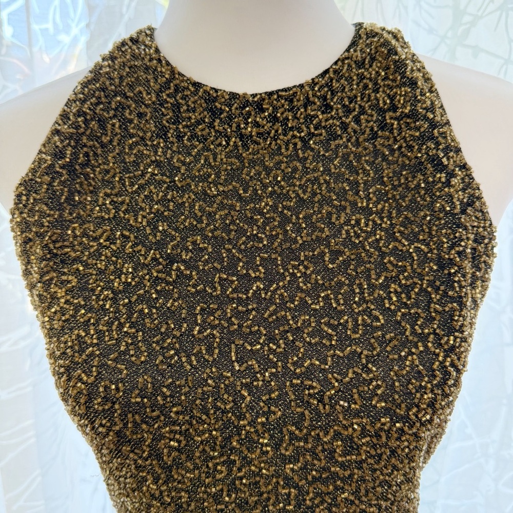 VINTAGE BLACK TIE OLEG CASSINI GOLD BEADED SLEEVELESS MIDI GOWN - Picture 6 of 16